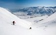 горы, снег, спуск, скорость, долина, лыжи