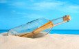 песок, пляж, послание, бутылка, письмо, послание в бутылке