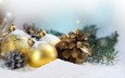 снег, елка, шары, зима, праздник, рождество, шишки