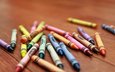 карандаши, стол, разноцветный, мелки, восковые карандаши