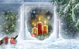 снег, свечи, новый год, елка, вектор, ветки, птицы, окно, праздник