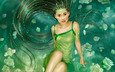 цветы, девушка, сияние, розы, лепестки, фэнтези, блеск, волосы, русалка, tang yuehui - rain of the petals, девушка в зеленом платье