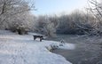 река, снег, зима, лавочка