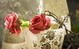 ветка, узор, розы, красные, ткань, ваза, искусственные цветы