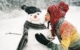 снег, зима, девушка, снеговик, поцелуй