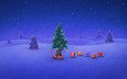 ночь, снег, елка, зима, подарки, праздник