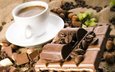 орехи, зерна, кофе, чашка, шоколад, кофейные зерна, фундук, лесной орех, плитка шоколада, мешковина