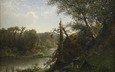 река, природа, альфред валберг, речной ландшафт с охотником и собакой