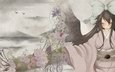 небо, цветы, кимоно, reiuji utsuho, бант