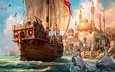 волны, корабль, краски, чайки, пристань, мечеть, дельфины, anno 1404, путешествие, прибытие, торговля