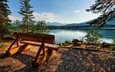 небо, озеро, скамейка, канада, джаспер, провинция альберта
