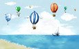 небо, рисунок, облака, шары, обои, стиль, море, полет, лодка, воздушный шар, парус, детская