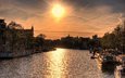 река, солнце, закат, лодки, дома, sun over, амстердам