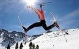 полет, вершины, лыжник, лыжи, экстрим, снежные, горнолыжный спорт