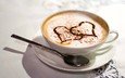 кофе, стол, белый, любовь, сердца, чашка, ложка, скатерть