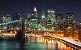 ночь, огни, мост, небоскребы, нью-йорк, nyc, ноч