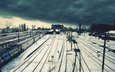 железная дорога, провода, станция, тучи, зима, поезда, одиночество