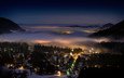 вечер, зима, туман, город, альпы