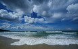 небо, облака, вода, природа, берег, волны, пейзаж, море, песок, пляж, волна, синева