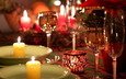 свечи, огонь, стол, романтика, тарелки, бокалы
