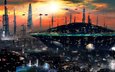 закат, город, небоскребы, будущее, sci-fi
