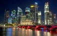 река, небоскребы, ночной город, сингапур