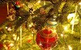 свет, елка, красный, игрушки, праздник, фонарики, стеклянный шар