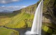 облака, река, горы, природа, зелень, пейзаж, скала, водопад, обрыв, исландия, сельяландсфосс, водопад сельяландсфосс