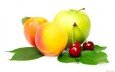 фрукты, черешня, белый фон, яблоко, персики, листики