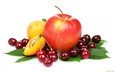 фрукты, абрикос, ягоды, белый фон, вишня, яблоко, листики