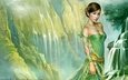 рисунок, девушка, платье, водопад, стройная девушка, tang yuehui - chunyi