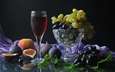 виноград, фрукты, бокал, вино, ваза, персик, натюрморт, красное вино, инжир