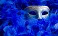 маска, перья, синие, тайна, карнавал, маскарад