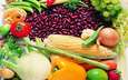 виноград, фрукты, лук, кукуруза, ягоды, овощи, помидоры, морковь, красная фасоль, желтый перец