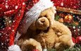 снег, новый год, шары, украшения, мишка, шишка, подарок, ветка елки, плюшевый медведь