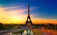 небо, восход, город, париж, эйфелева башня