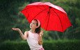 девочка, дождь, красный зонт