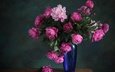 цветы, букет, розовые, ваза, синяя, стеклянная ваза, пион, пионы