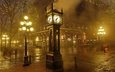 ночь, фонари, туман, город, часы, улица, ванкувер, британская колумбия