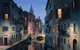 вода, мост, город, венеция, канал, гондола, дома, улица, здания, сумерки, живопись