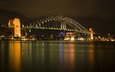 ночь, огни, вода, вечер, вид, мост, город, сидней, сумерки, австралия, харбор-бридж, sydney harbour bridge