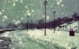 фонари, снег, зима, снежинки, набережная, снегопад
