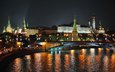 москва, кремль, город, ночной город