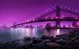 огни, река, камни, берег, закат, мост, город, нью-йорк, манхэттен, бруклинский мост, висячий мост