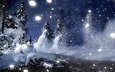ночь, снег, лес, зима, елочки