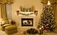 свечи, новый год, елка, зима, комната, камин, рождество, гирлянда