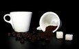 зерна, кофе, черный фон, кофейные, сахар, белая кружка, молотый кофе