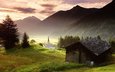 трава, горы, деревня, австрия, альпы