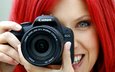 фокус камеры, девушка, фотоаппарат, объектив, красные волосы, канон