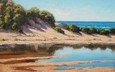 арт, рисунок, вода, море, песок, пляж, кусты, coastal beach dunes, artsaus